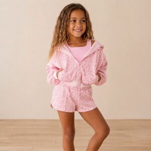 Blogilates Girls Pink Floral Cropped Zip Hoodie and Shorts Set Size Large 10/12